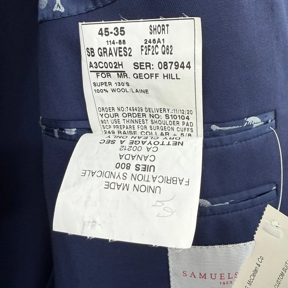 Samuelsohn 1923 Navy Custom Blazer 45S Short Super 130s Wool Skull Lining